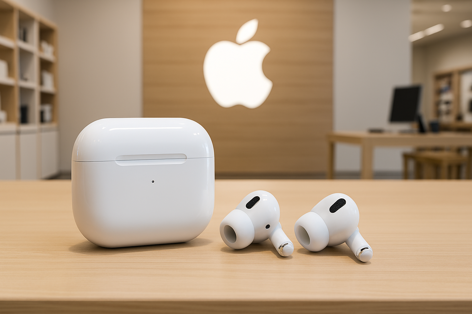Apple AirPods Pro 3 wireless earbuds and charging case displayed on a wooden counter inside a premium Apple showroom, highlighting sleek design, studio-grade audio, and health tracking features.