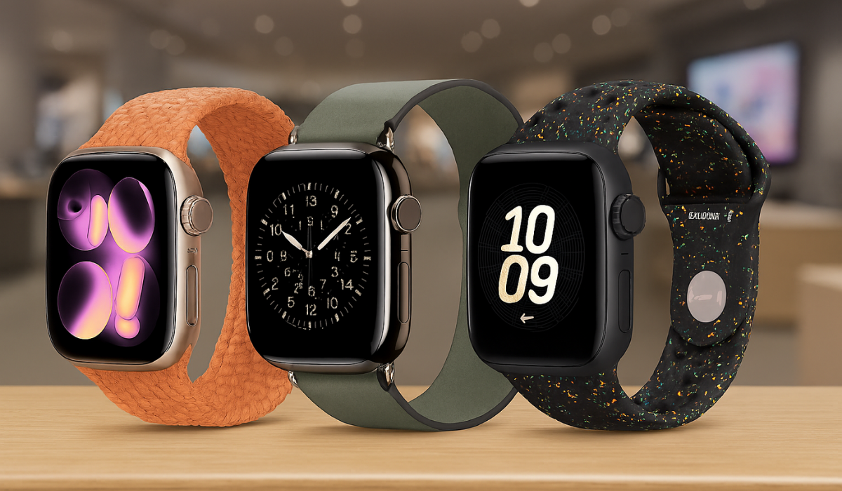 Three Apple Watch Series 11 models displayed on a wooden surface in a retail showroom, featuring braided solo loop, leather link, and Nike sport bands with diverse watch faces—highlighting customization, design, and lifestyle appeal for smartwatch buyers in India.