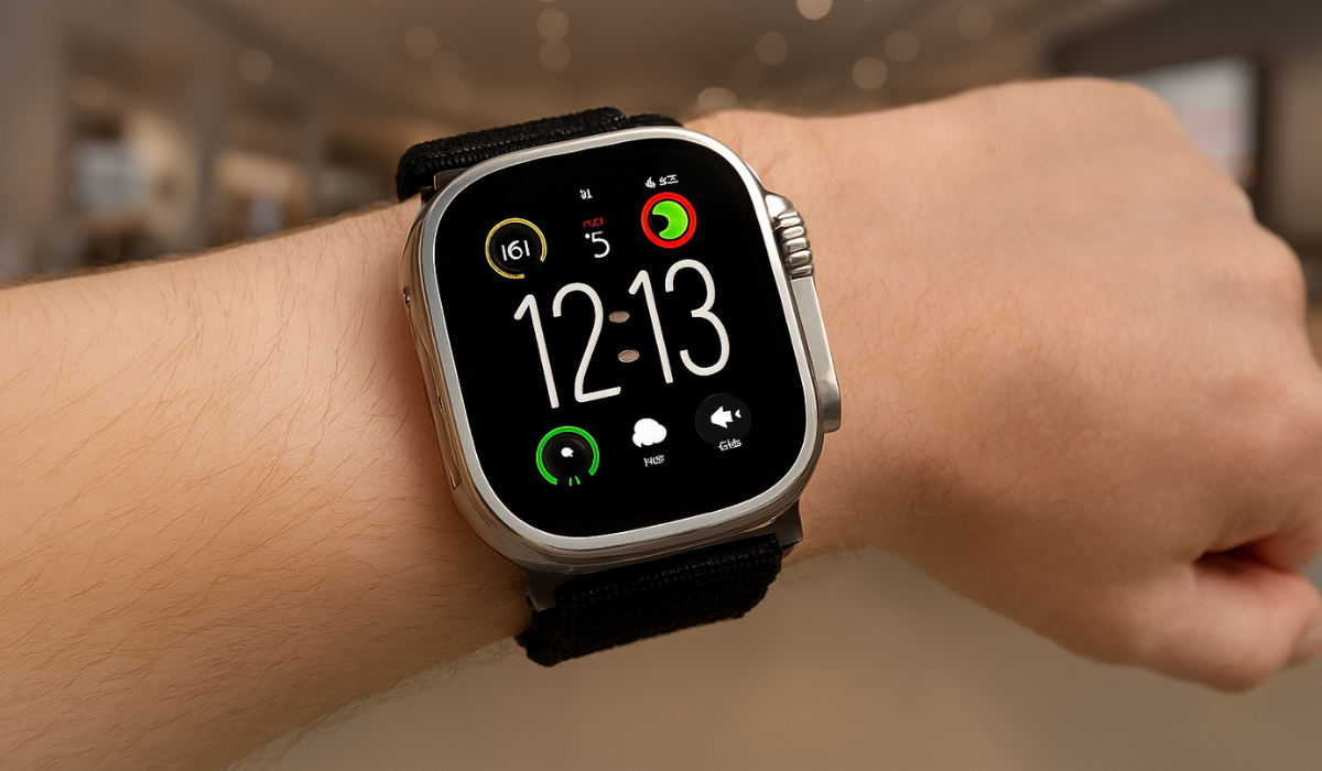 Apple Watch Ultra 3 worn on wrist inside a retail showroom, displaying time, activity rings, weather, battery level, and health complications—highlighting its rugged titanium design, fitness tracking, and smart features for premium smartwatch buyers in India.