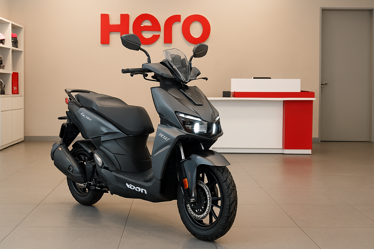 Hero Xoom 160 scooter in Matte Volcanic Grey displayed in a modern Hero showroom with red branding, LED headlamp, alloy wheels, and ADV styling—ideal for urban riders seeking performance and style.