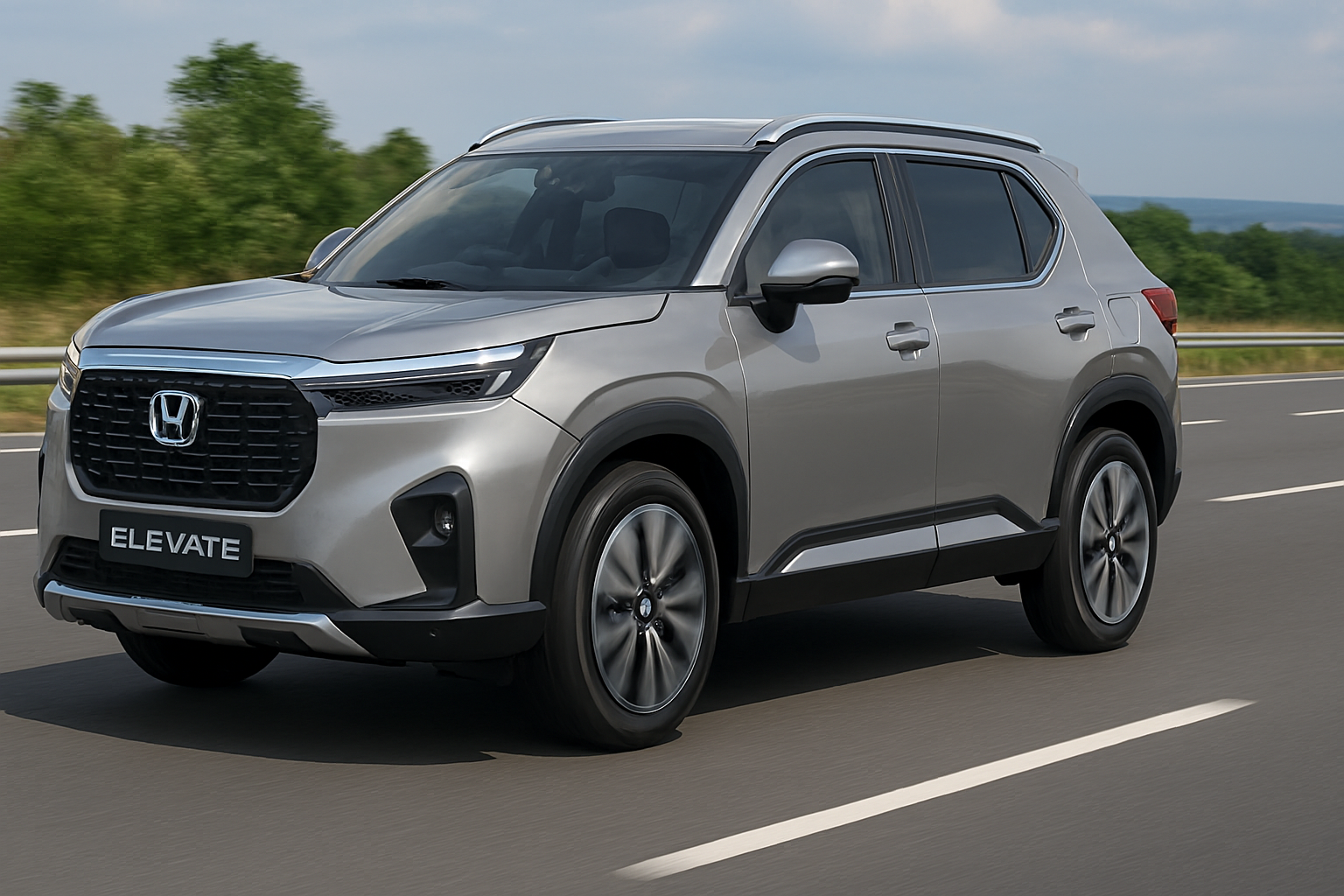Silver Honda Elevate SUV driving on highway with bold front grille, LED headlights, alloy wheels, and high ground clearance; showcasing modern design and road presence.