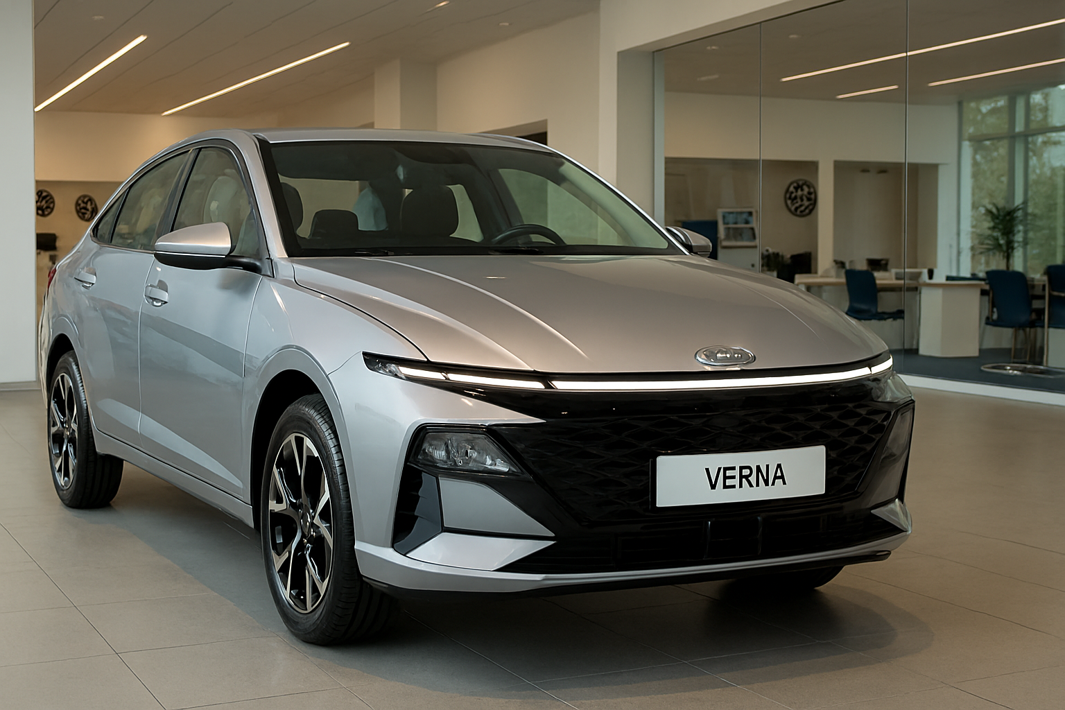 Hyundai Verna 2025 displayed in a premium car showroom, showcasing its sleek silver design, LED headlamps, alloy wheels, and modern front grille—highlighting India’s top turbo sedan for style and performance.