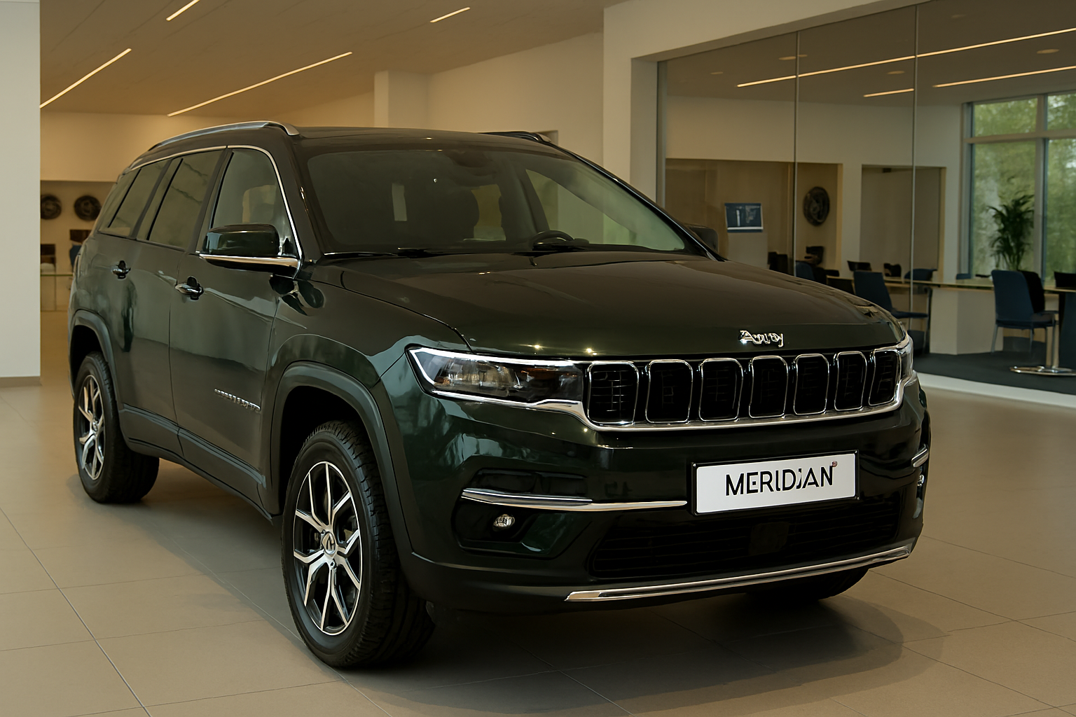 Jeep Meridian 2025 showcased in a premium Indian showroom, featuring its deep green metallic finish, signature seven-slot grille, LED headlamps, alloy wheels, and luxury SUV styling—highlighting its bold design and off-road capability.