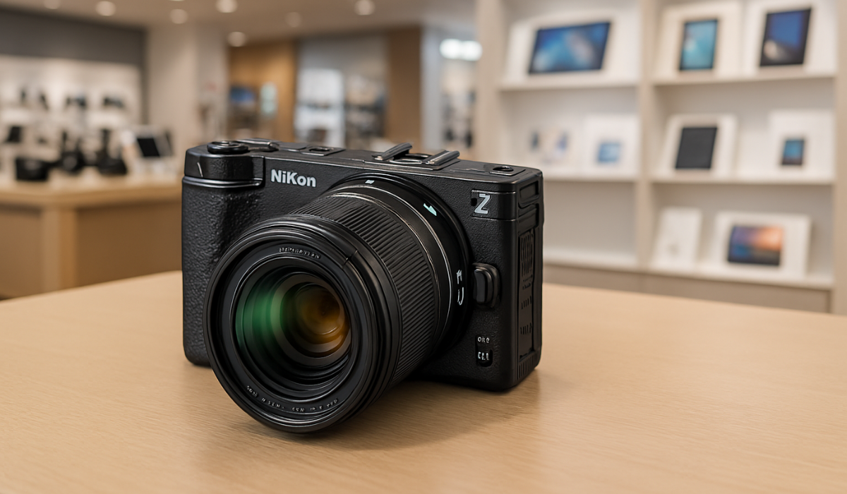 Nikon ZR mirrorless camera with NIKKOR 24-50mm lens displayed on a showroom table, highlighting its compact design, textured grip, and professional-grade build—ideal for photographers and videographers seeking high-performance gear in India.