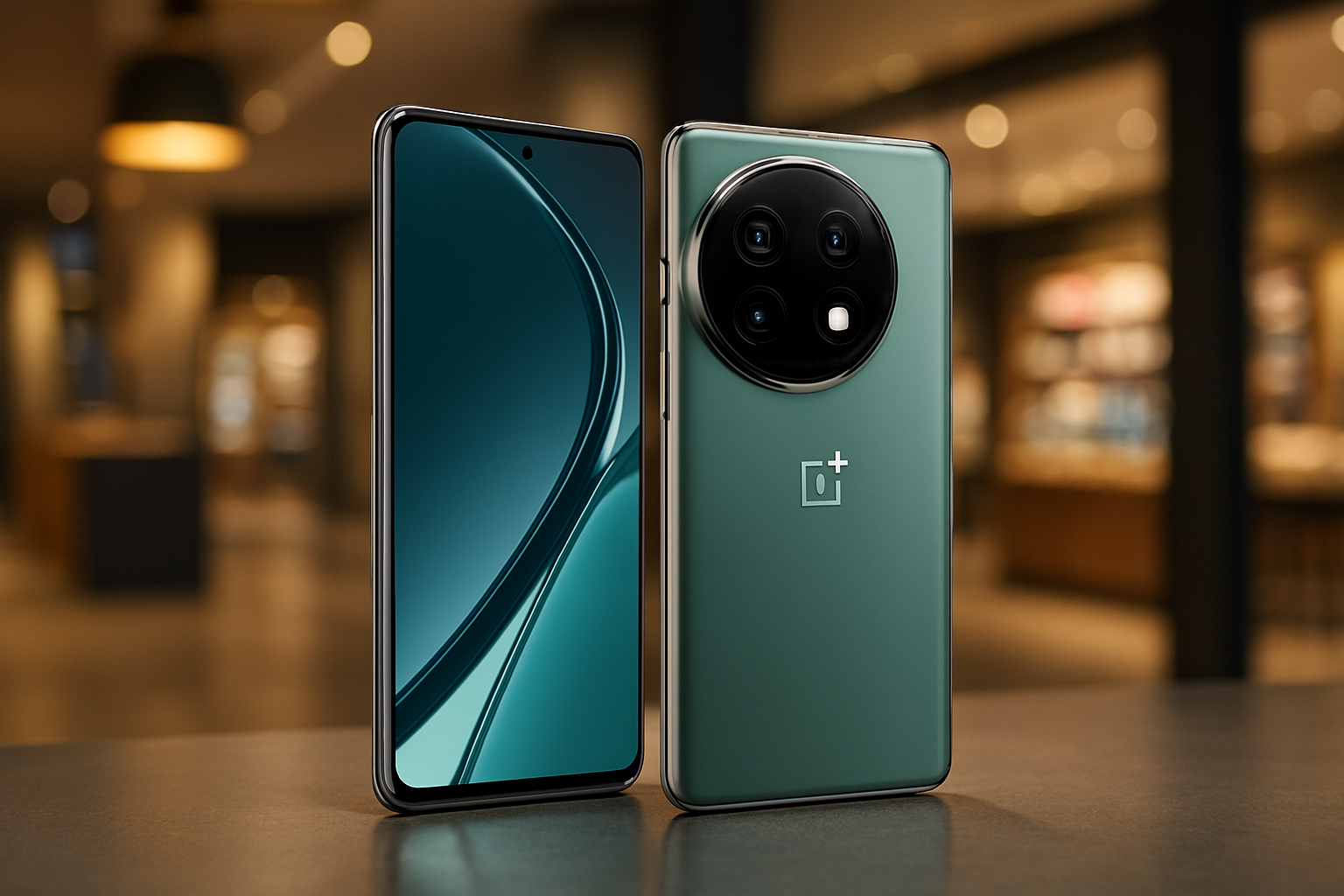 OnePlus 12R smartphone displayed in a premium retail showroom with warm ambient lighting, showcasing its jade green back panel, circular Hasselblad camera module, and curved-edge display with abstract wallpaper.