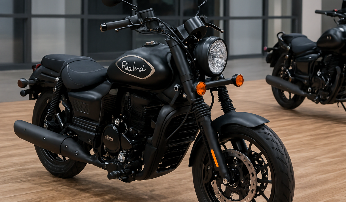 Rajdoot 350 matte black retro motorcycle displayed in a modern showroom with alloy wheels, round headlamp, and dual rear shock absorbers—ideal for riders seeking vintage styling with modern performance in India.