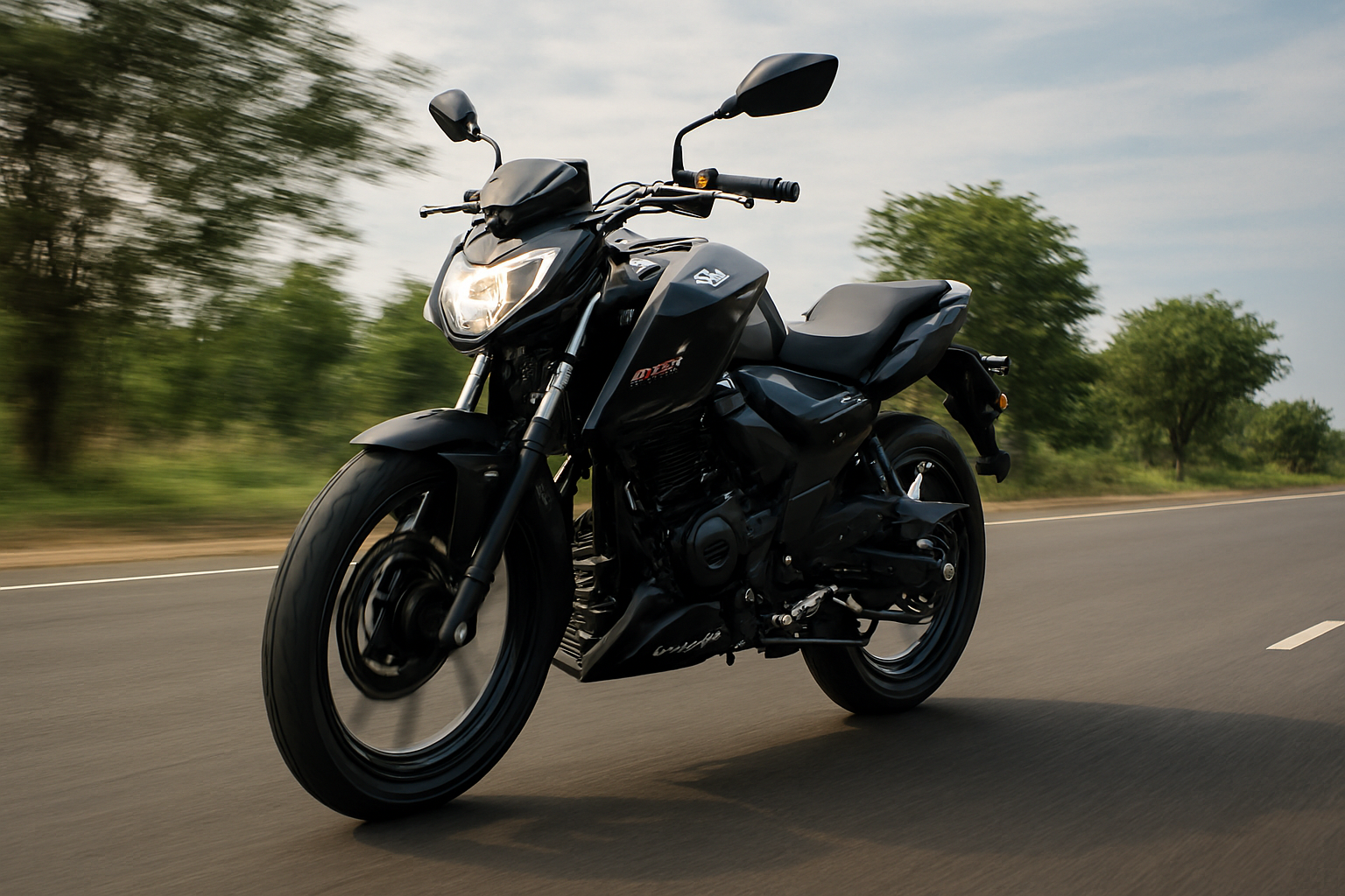 TVS Apache RTR 160 street bike in motion on a highway, showcasing aggressive design, LED headlamp, and sporty stance—ideal for performance-focused riders in India.