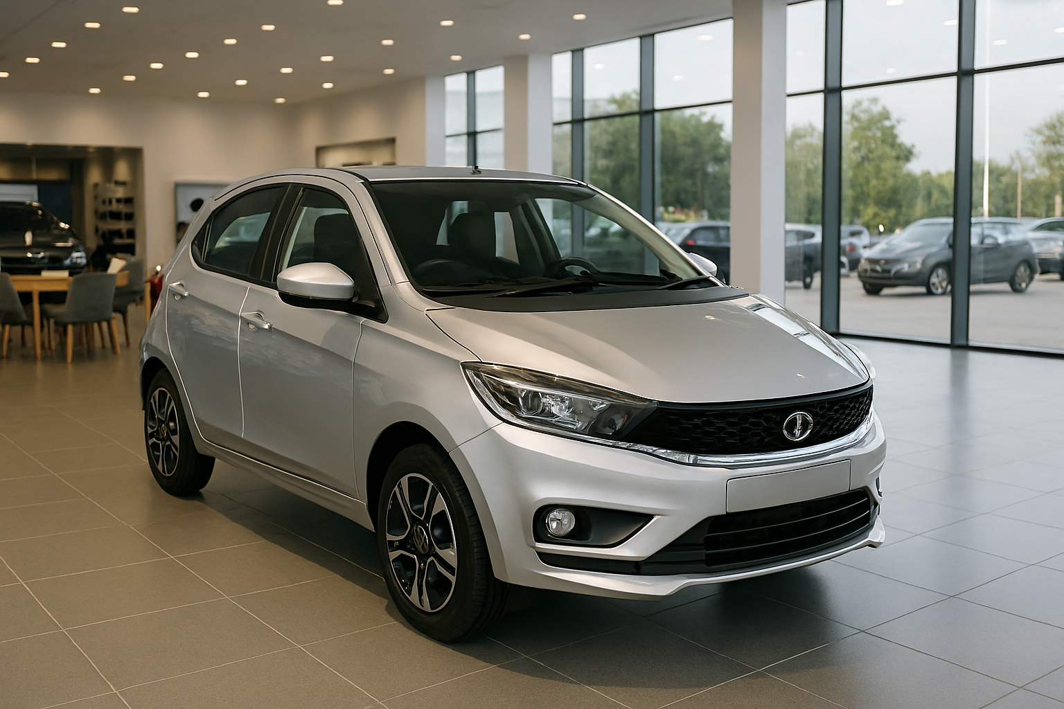 Silver Tata Tiago hatchback displayed in a modern car showroom with glossy tiled flooring, natural lighting, and large glass windows—ideal for showcasing design, features, and showroom ambiance.