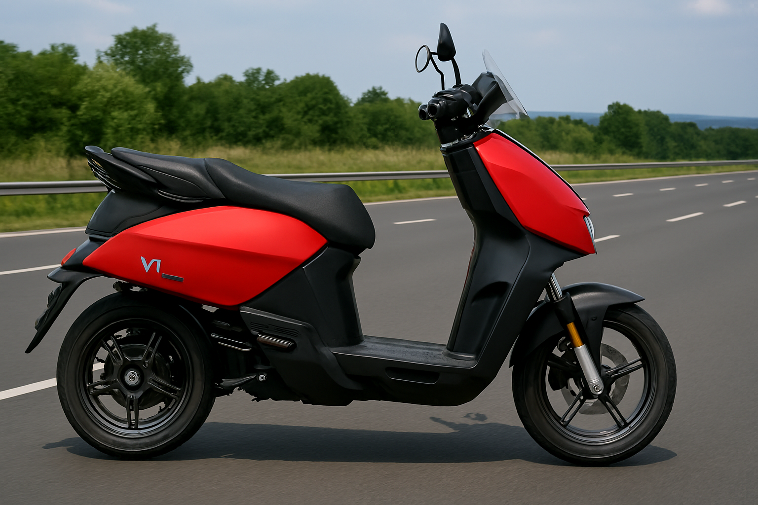 Red and black Vida V1 Pro electric scooter parked on highway, showcasing sleek design, alloy wheels, disc brakes, digital display, and urban mobility features.