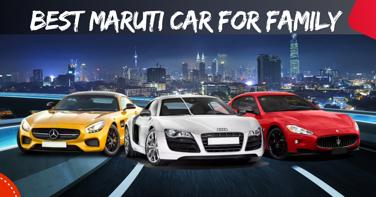 Best Maruti car for family in India – featuring Swift, Baleno, and Ertiga models parked side by side, showcasing spacious interiors and family-friendly design