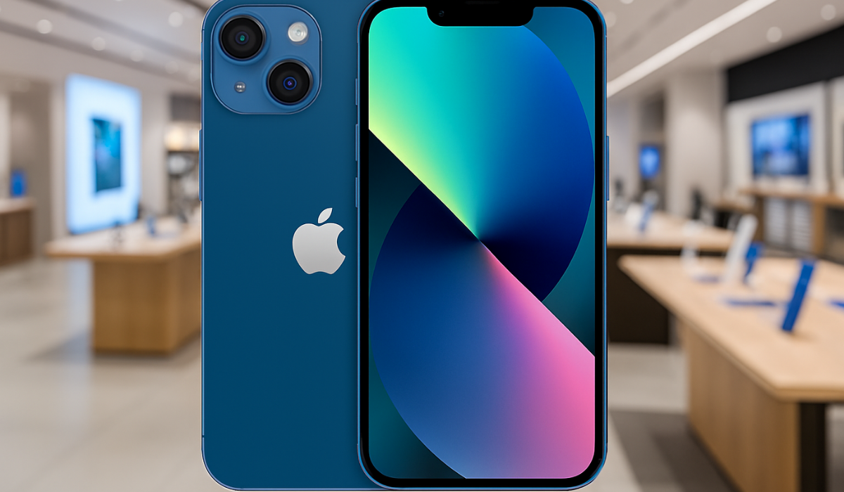 Blue iPhone 13 displayed in a modern electronics showroom, showcasing its dual-camera system, vibrant Super Retina XDR display, and sleek design—ideal for buyers comparing iPhone 13 price and features in India.