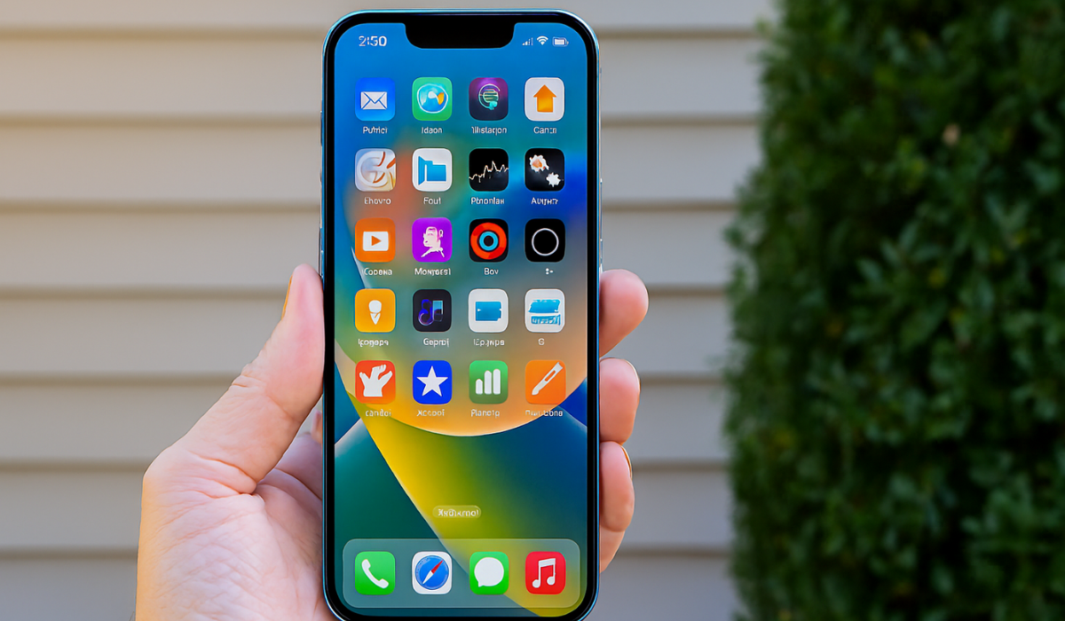 Hand holding an iPhone 14 outdoors with home screen apps visible, showcasing iOS interface, full battery, and vibrant display—ideal for users comparing iPhone 14 price, features, and usability in India.