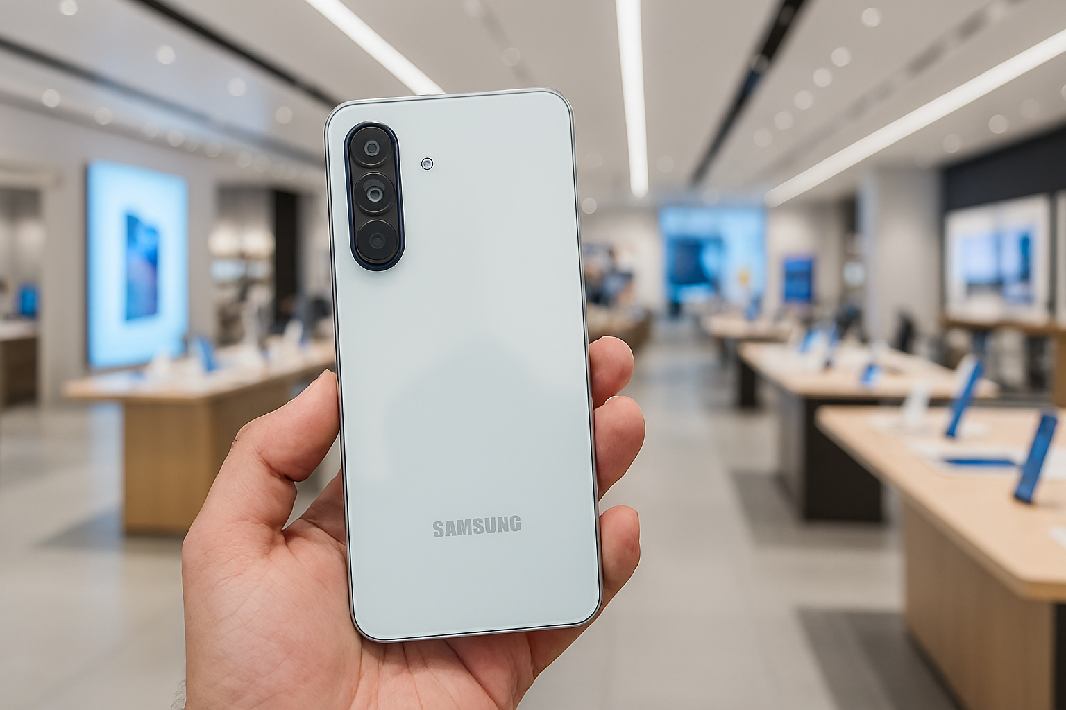 Samsung Galaxy A56 smartphone showcased in a modern electronics showroom, highlighting its sleek white design, triple rear camera setup, and premium build quality—ideal for mid-range buyers in India.