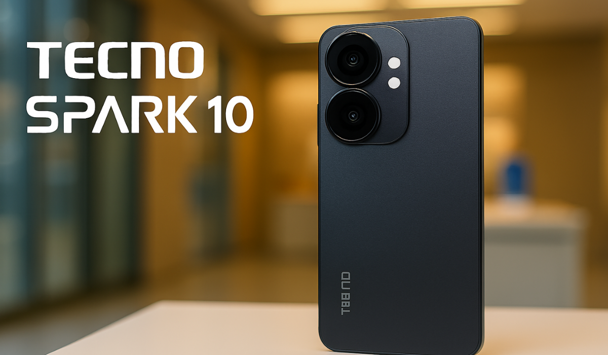 Tecno Spark 10 smartphone displayed in a modern retail showroom with dual rear cameras, matte black finish, and branded lighting — ideal for budget phone reviews and tech blogs.