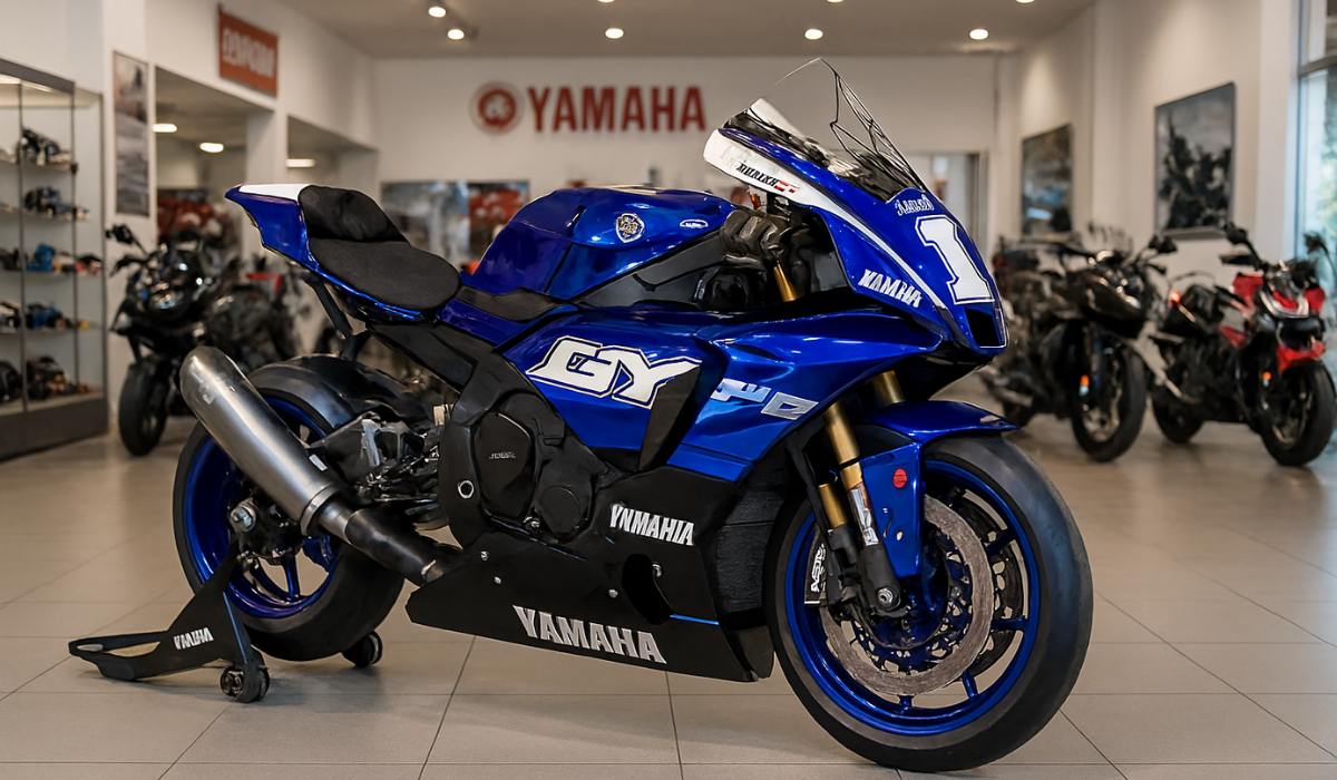 Yamaha R1 superbike displayed in a premium Yamaha dealership showroom, showcasing its race-inspired blue and white design, advanced aerodynamics, and championship-grade components